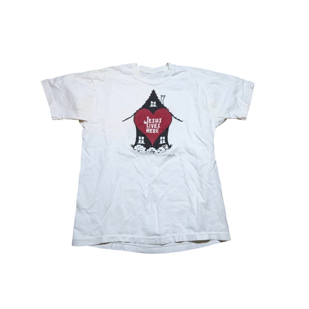 Jesus Lives Here Heart House White T-shirt Sz L 1990s